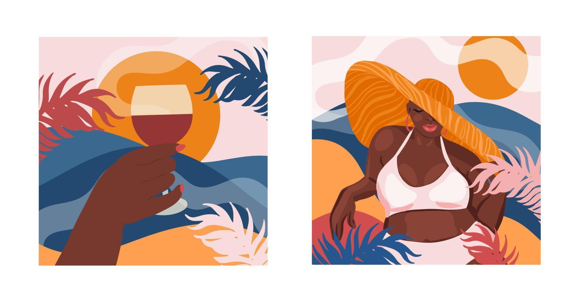 hermosa contento de piel oscura muchacha. vacaciones en el playa, relajación concepto vector