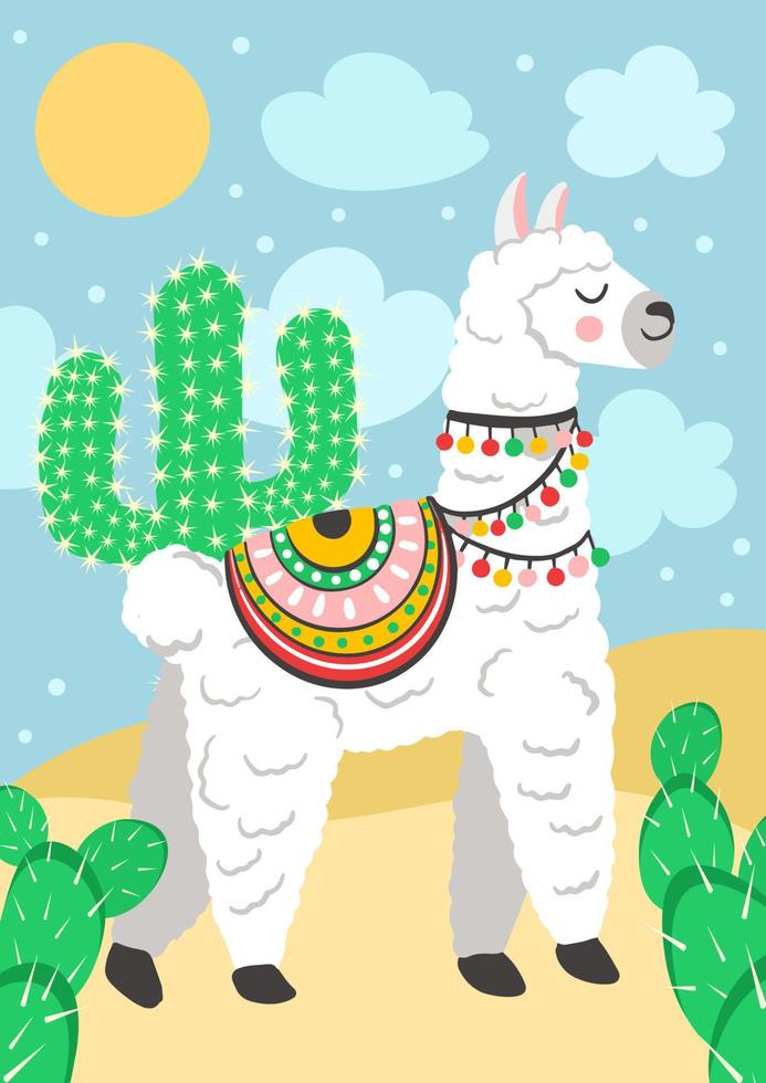 Cute cartoon llama alpaca vector