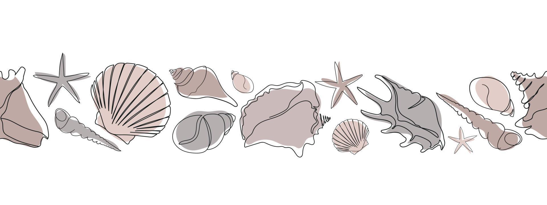 Seashells set on an abstract background. Seashells seamless banner. One line drawing of a shell. Hand drawn marine illustrations of seashells. Summer tropical ocean beach style. vector