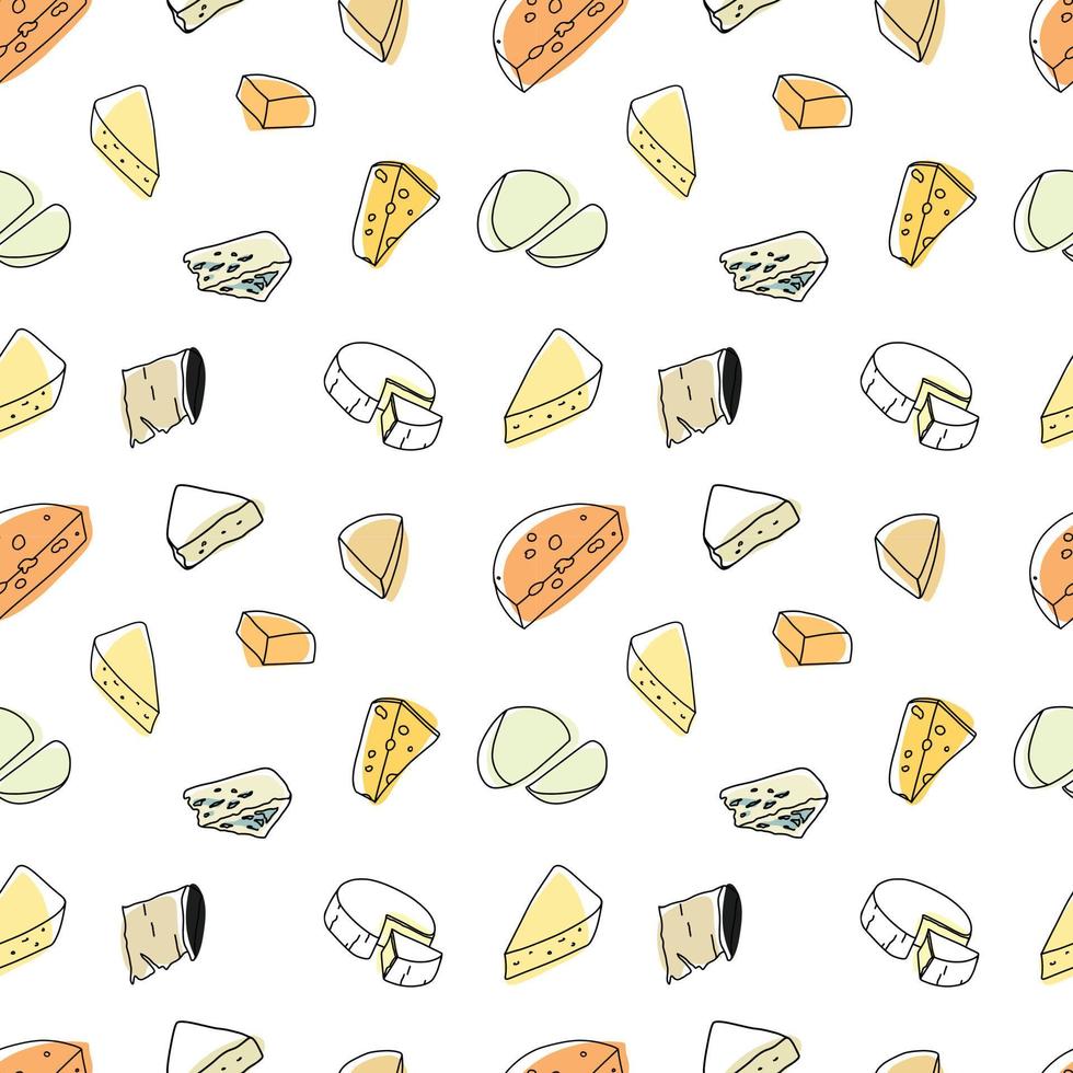 Seamless pattern of sketch of different cheeses . Vector set contours of dairy products. Doodle set cheese.