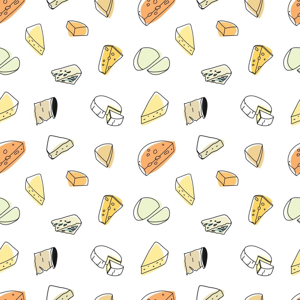 Seamless pattern of sketch of different cheeses . Vector set contours of dairy products. Doodle set cheese.