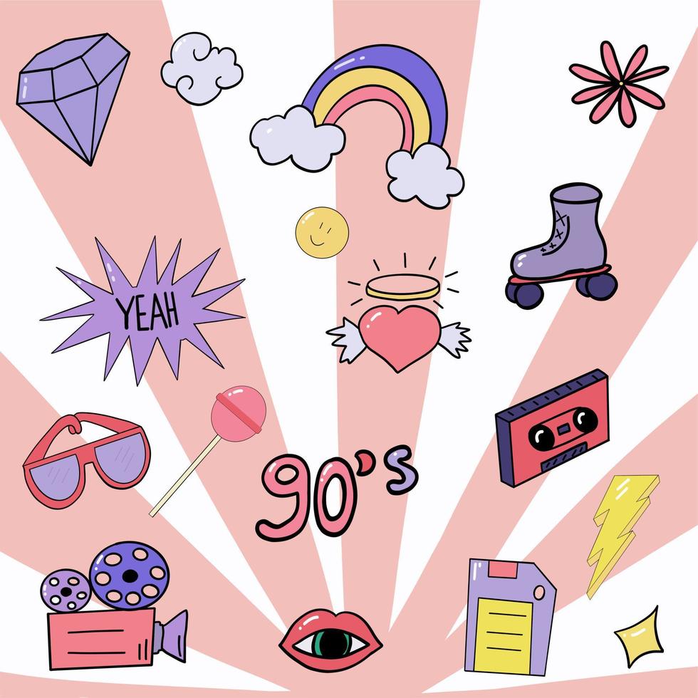 Colourful collection with groovy elements from 90s vector
