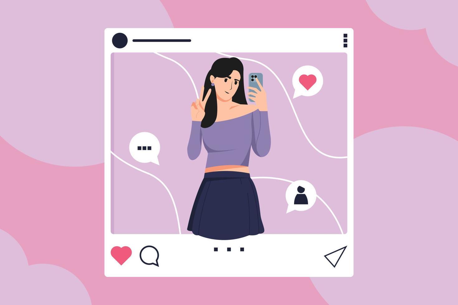 hermosa niña tomando selfie en social medios de comunicación día. mujer hablando, mecanografía, charlando, escuchando música y tomando selfie con Los telefonos. vector