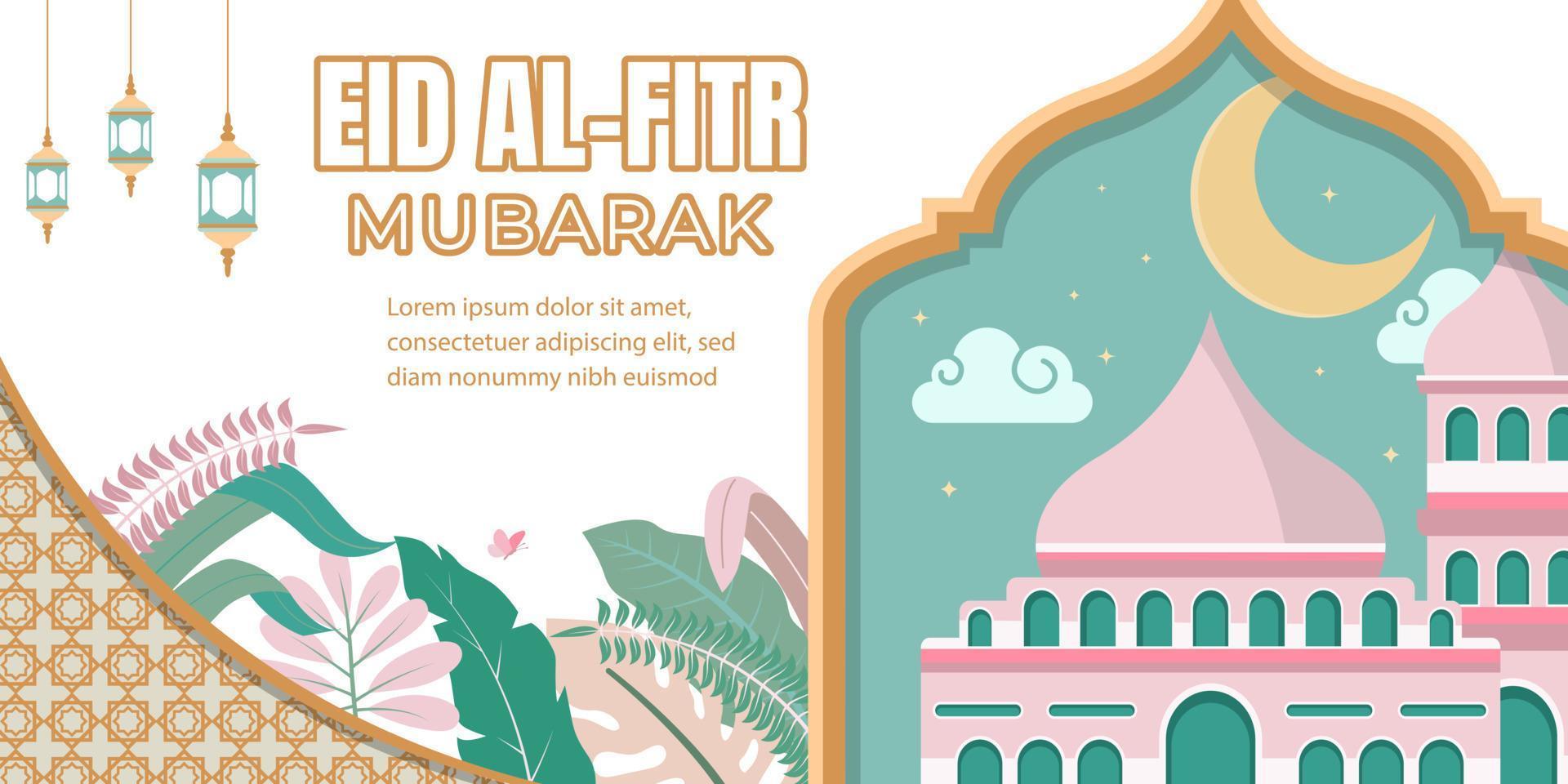 Happy Eid Mubarak cute flat cartoon background vector