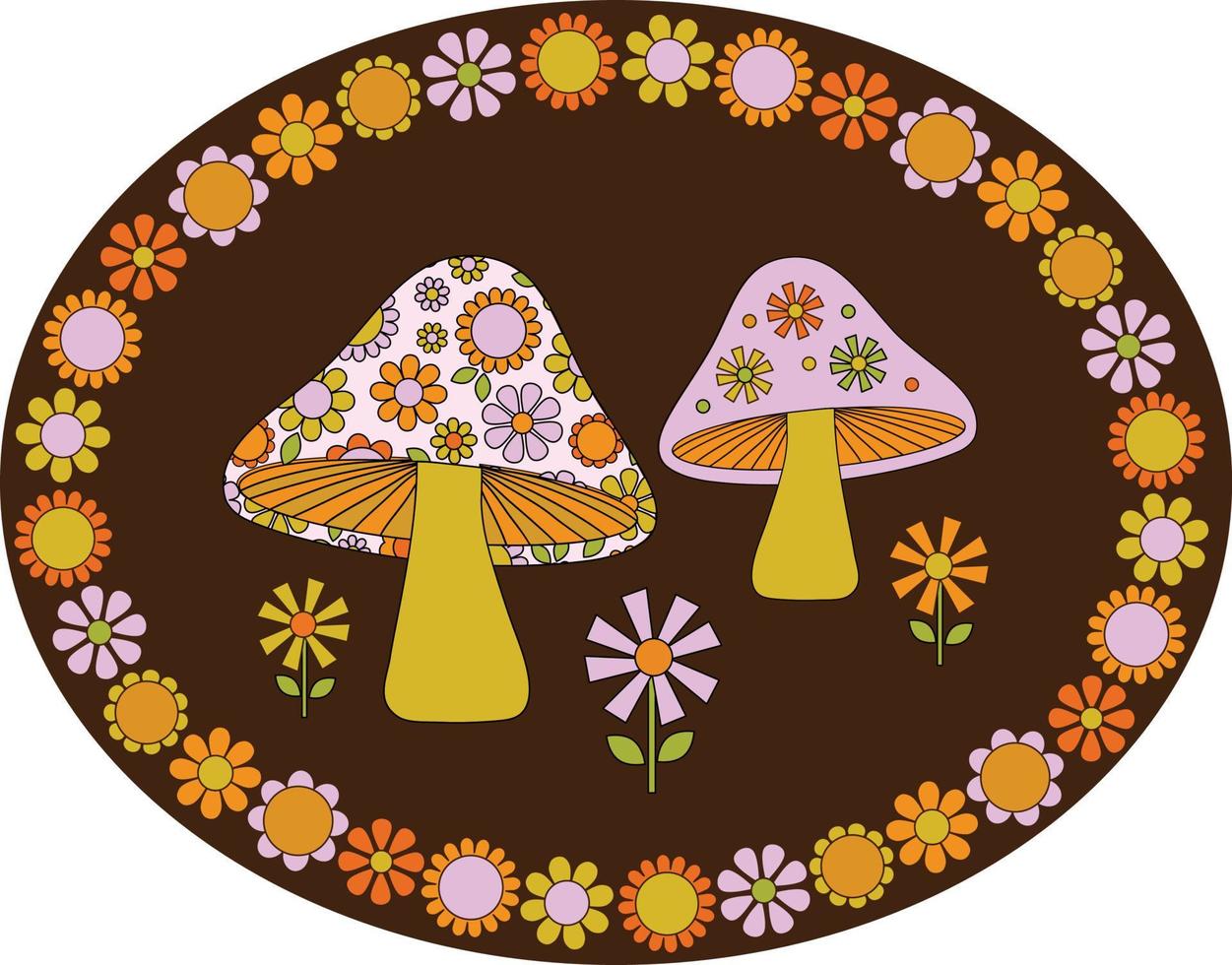 mod mushrooms with floral frame on brown background vector