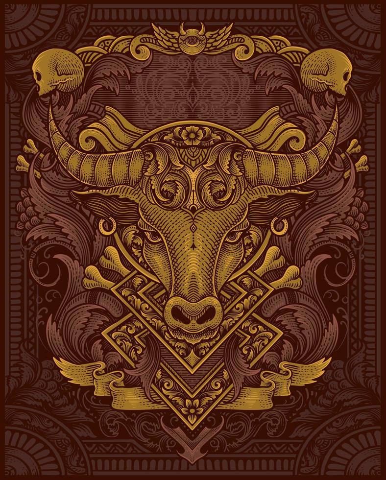 Illustration of Bull head tribal style with vintage engraving ornament in back perfect for your business and Merchandise vector