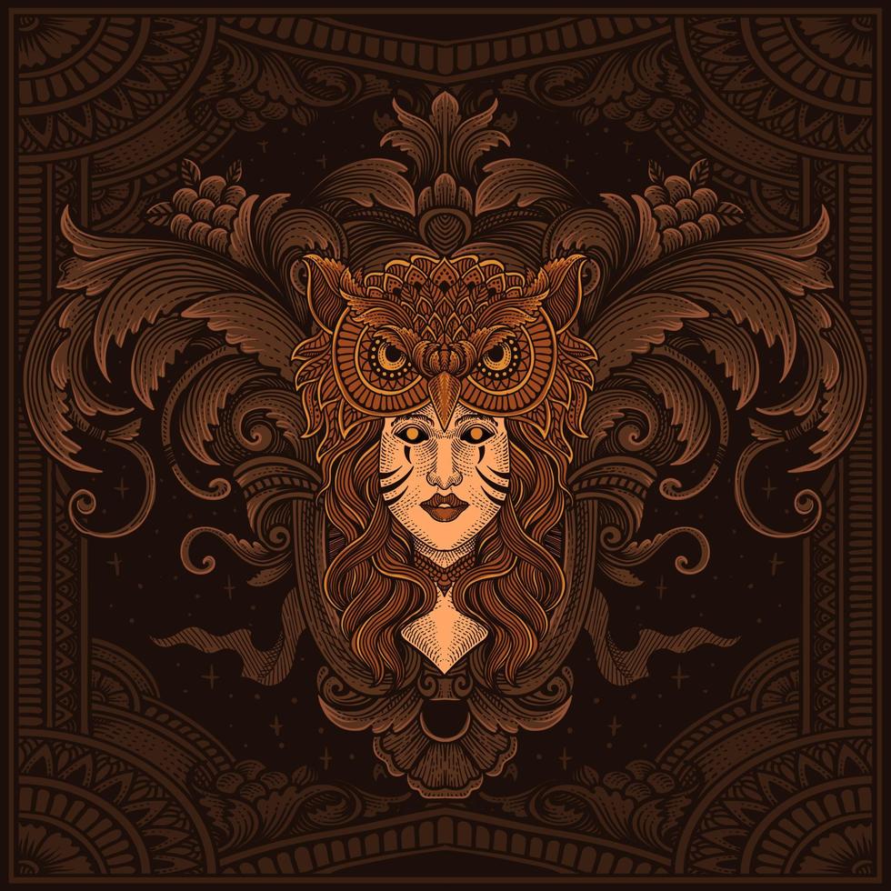 Illustration of tribal woman with owl head vintage engraving ornament in back perfect for your business and Merchandise vector