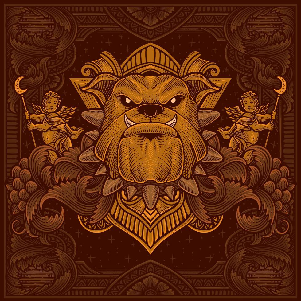 ilustración de buldog cabeza con Clásico grabado ornamento en espalda Perfecto para tu mercancías y t camisa vector