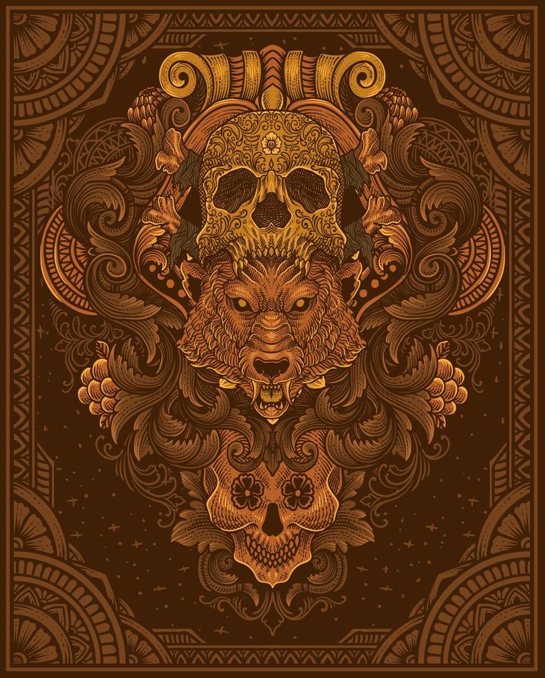 ilustración de lobo cabeza con cráneo sombrero Clásico grabado ornamento en espalda Perfecto para tu negocio y mercancías vector