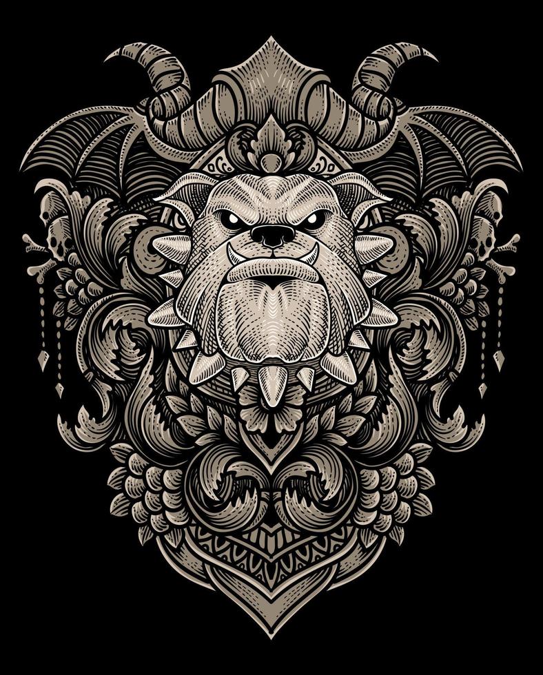 Illustration of Bulldog head with vintage engraving ornament in back perfect for your merchandise and T shirt vector