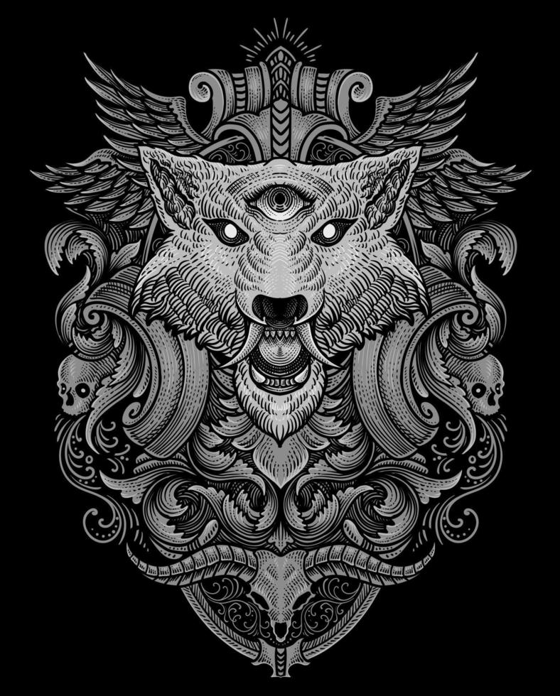 Angry wolf head with antique engraving ornament style good for your merchandise dan T shirt vector