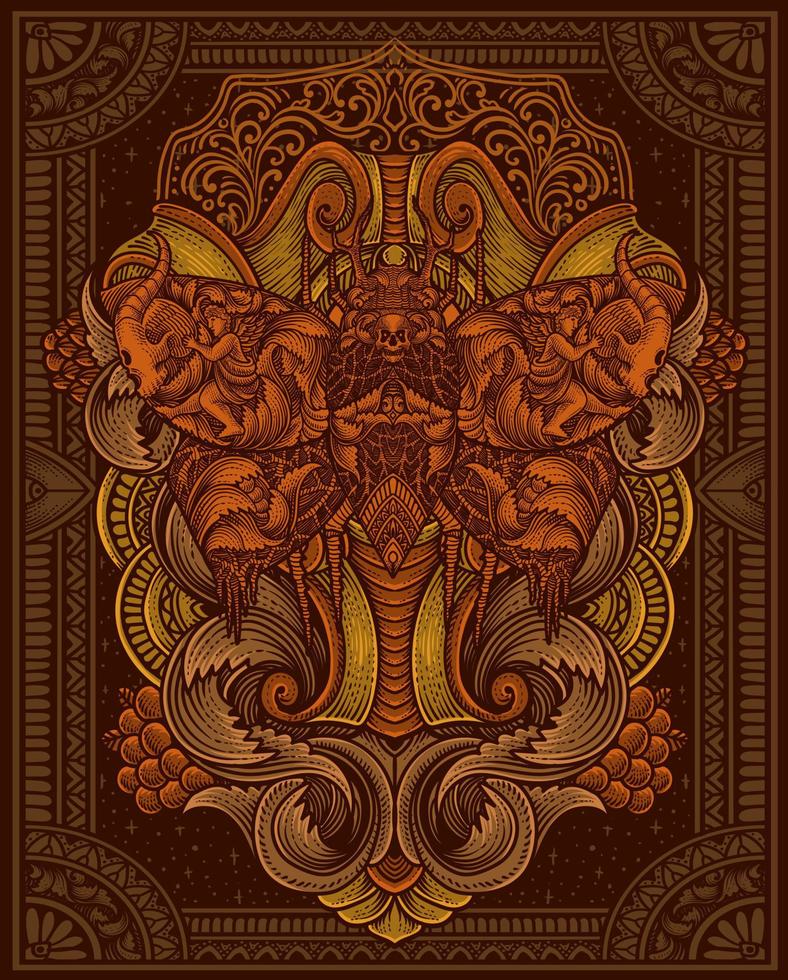 Illustration of scary butterfly with vintage engraving ornament in back perfect for your business and Merchandise vector