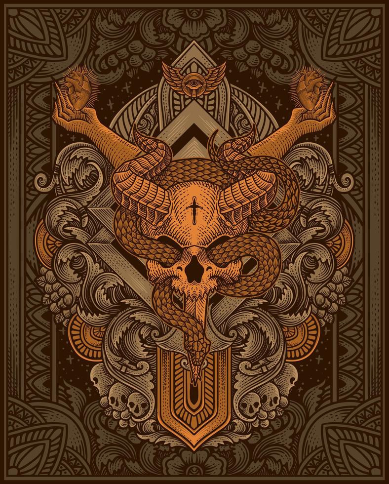 Vector illustration. demon skull with snake vintage engraving ornament style perfect for your business and T shirt merchandise