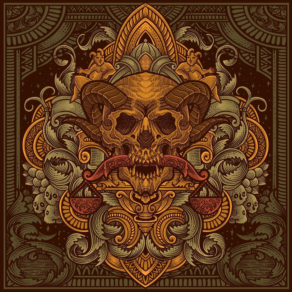 illustration Demon Skeleton bit the scales with vintage engraving ornament perfect for your business and merchandise vector