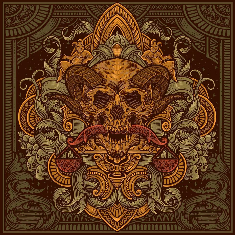 ilustración demonio esqueleto poco el escamas con Clásico grabado ornamento Perfecto para tu negocio y mercancías vector