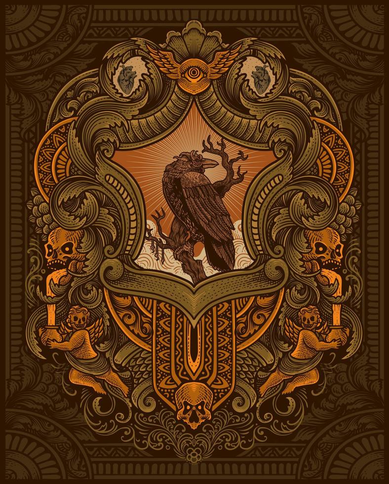 ilustración de antiguo cuervo con Clásico grabado ornamento en espalda Perfecto para tu negocio y mercancías vector