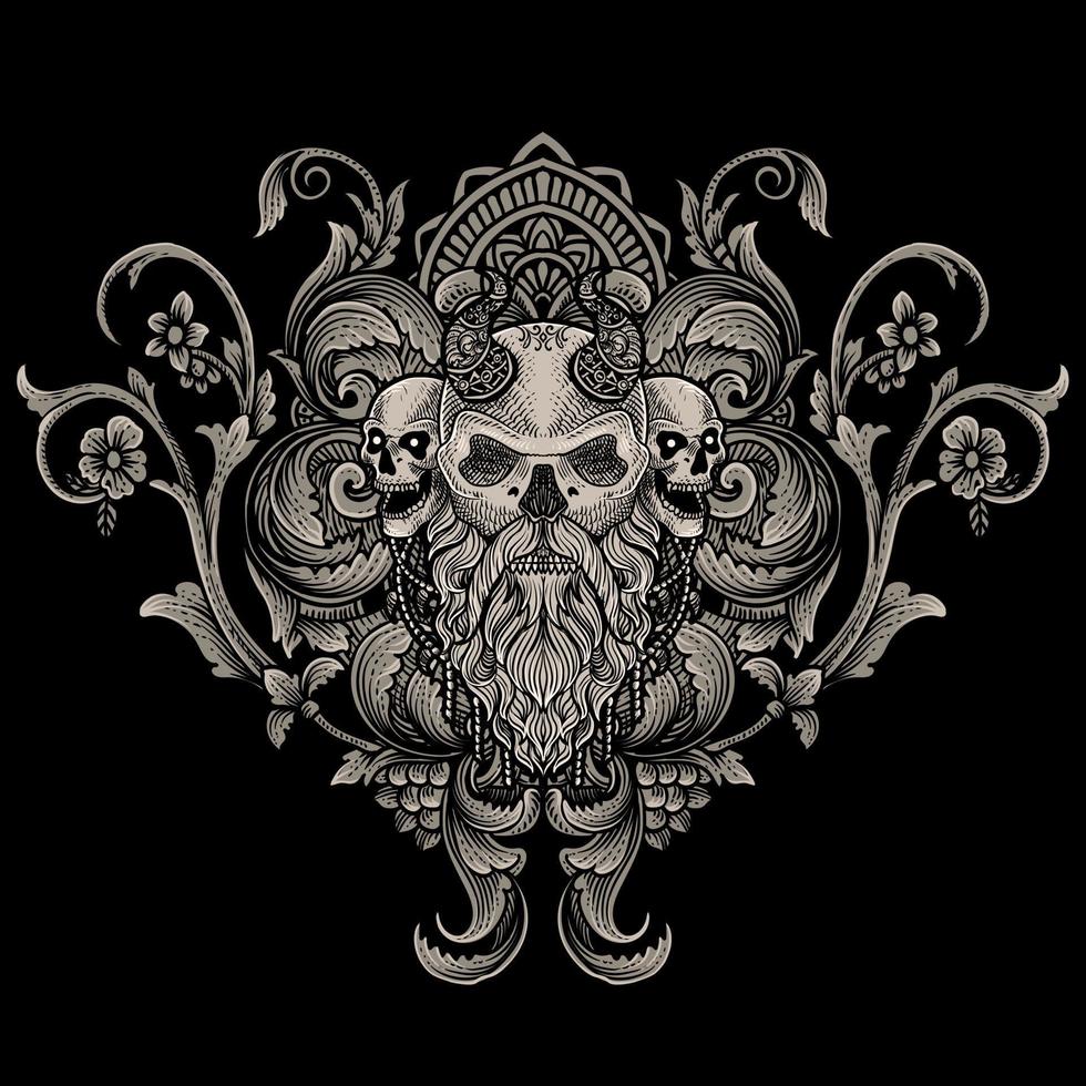 ilustración de vikingo cráneo cabeza con Clásico grabado ornamento en espalda Perfecto para tu negocio y mercancías vector