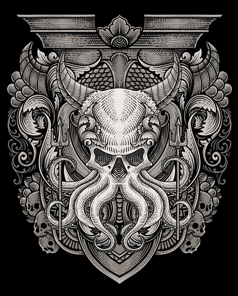 ilustración demonio pulpo con dos tridente antiguo grabado ornamento estilo bueno para tu mercancías dan t camisa vector