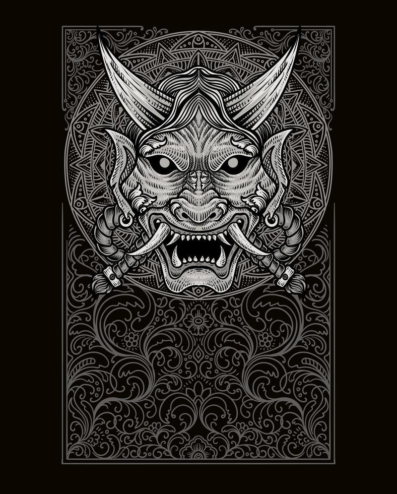 Vector illustration. scary japanese demon mask with vintage engraving ornament style perfect for your business and T shirt merchandise