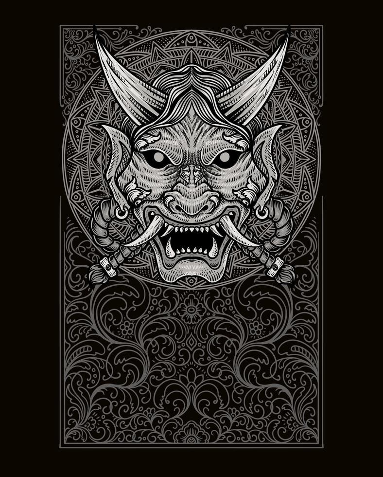 Vector illustration. scary japanese demon mask with vintage engraving ornament style perfect for your business and T shirt merchandise