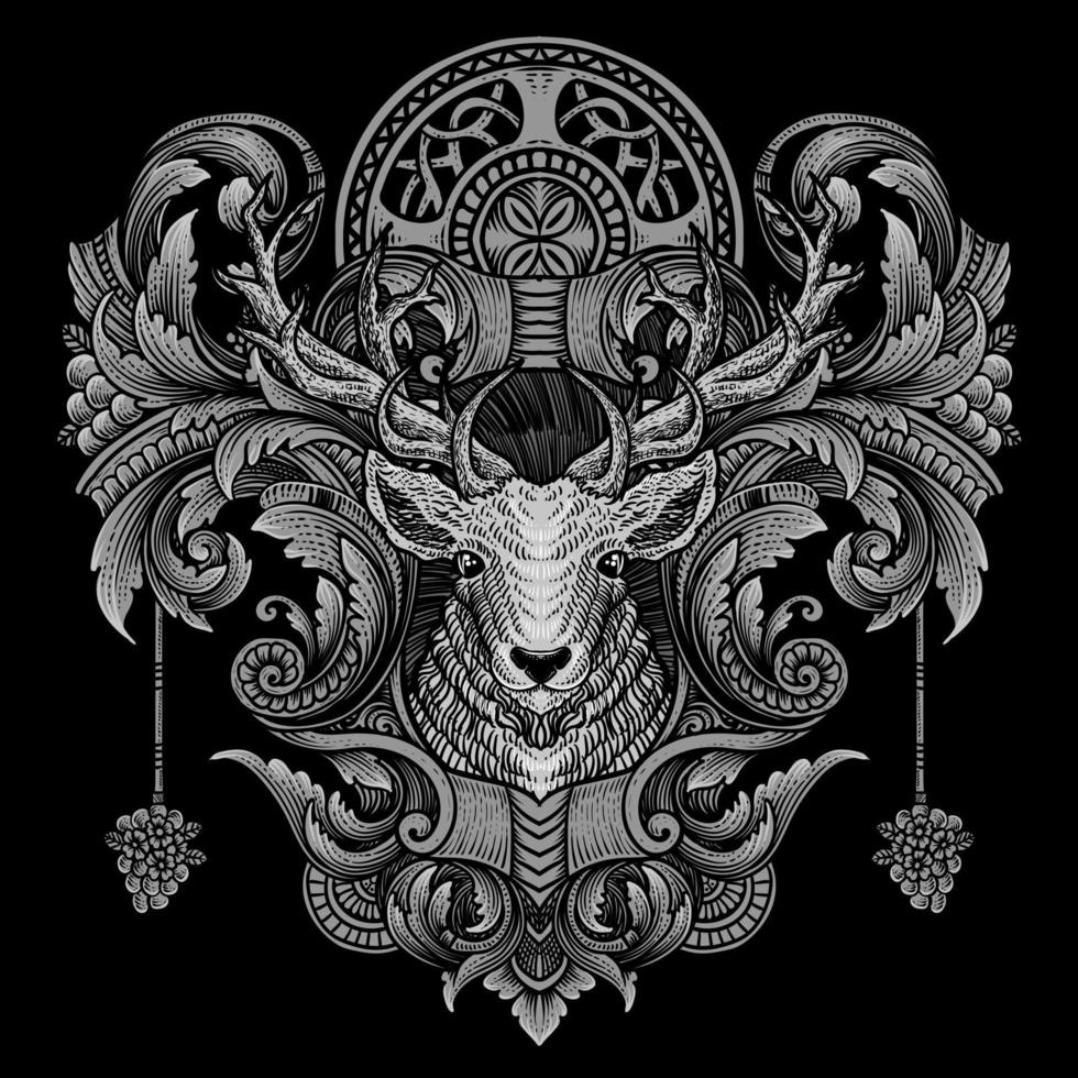 illustration deer head with antique engraving ornament style good for your merchandise dan T shirt vector