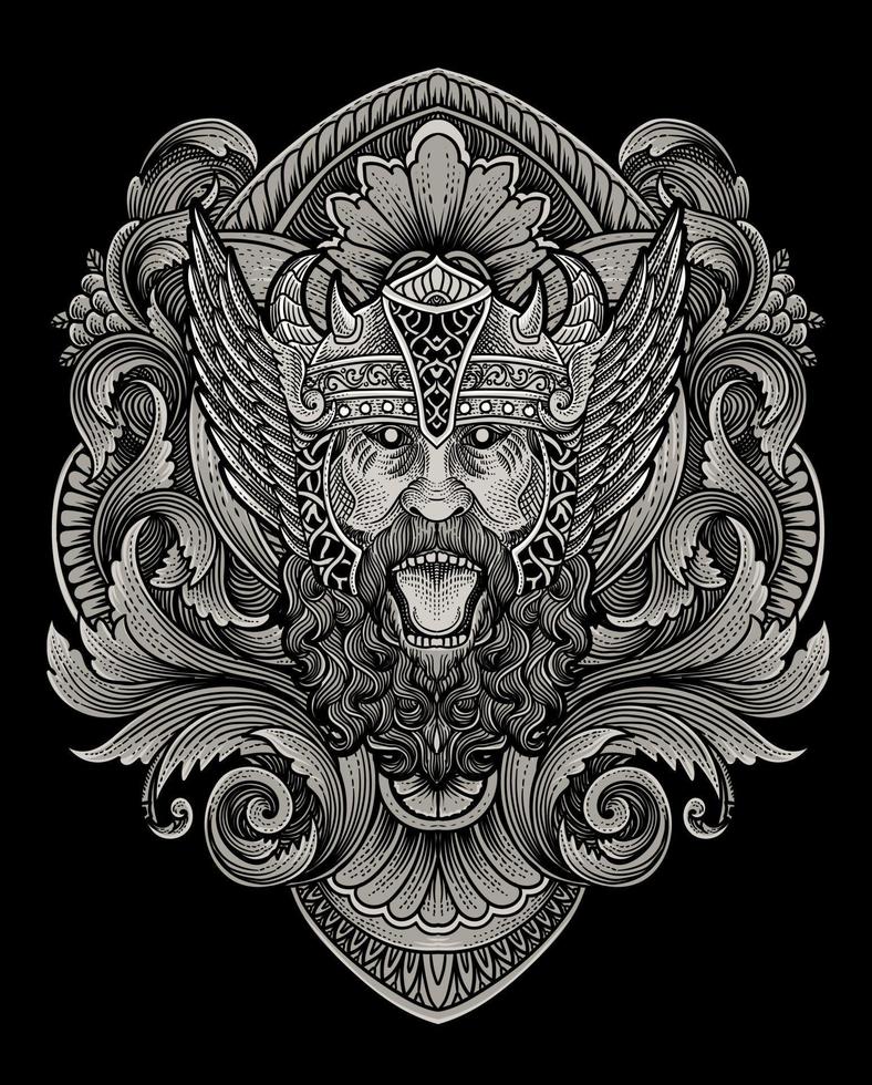 ilustración de enojado vikingo cabeza con Clásico grabado ornamento en espalda Perfecto para tu negocio y mercancías vector