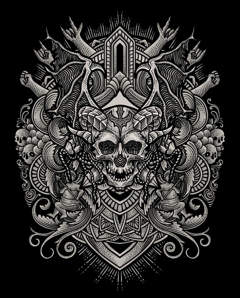 Illustration of demon skull head with vintage engraving ornament in back perfect for your business and Merchandise vector