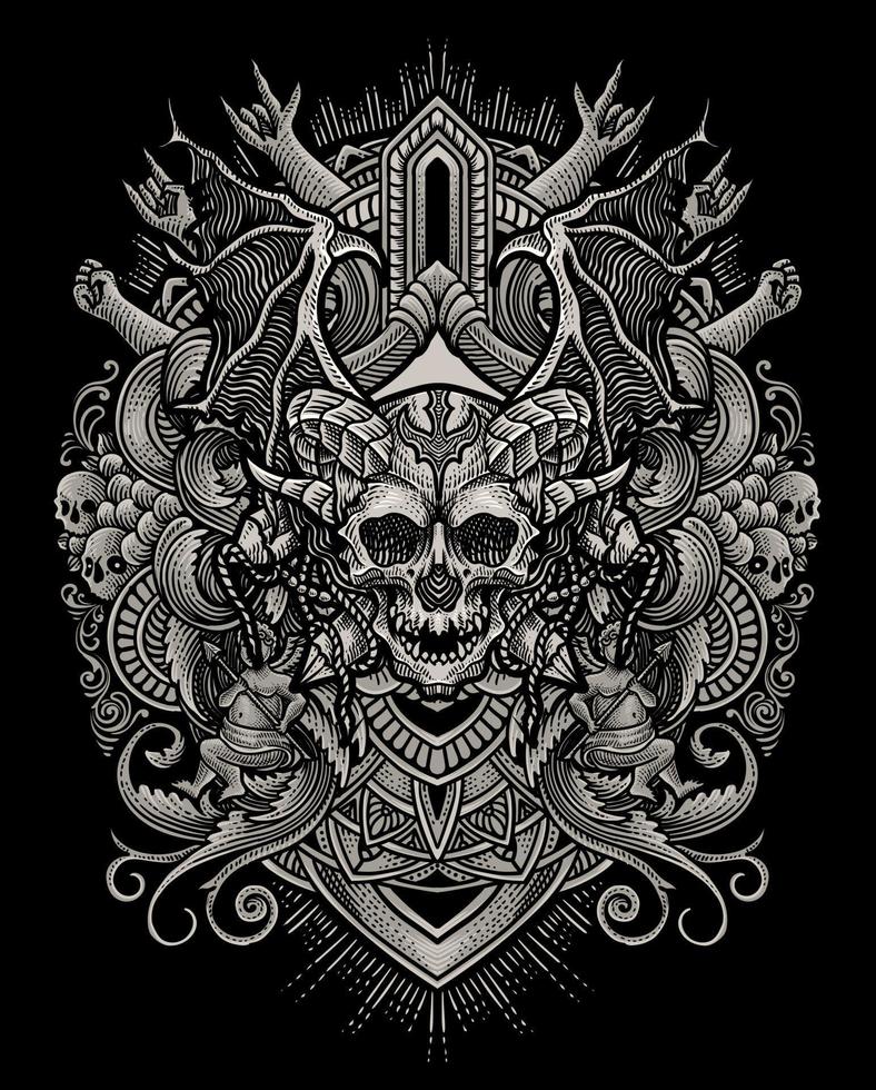 Illustration of demon skull head with vintage engraving ornament in back perfect for your business and Merchandise vector