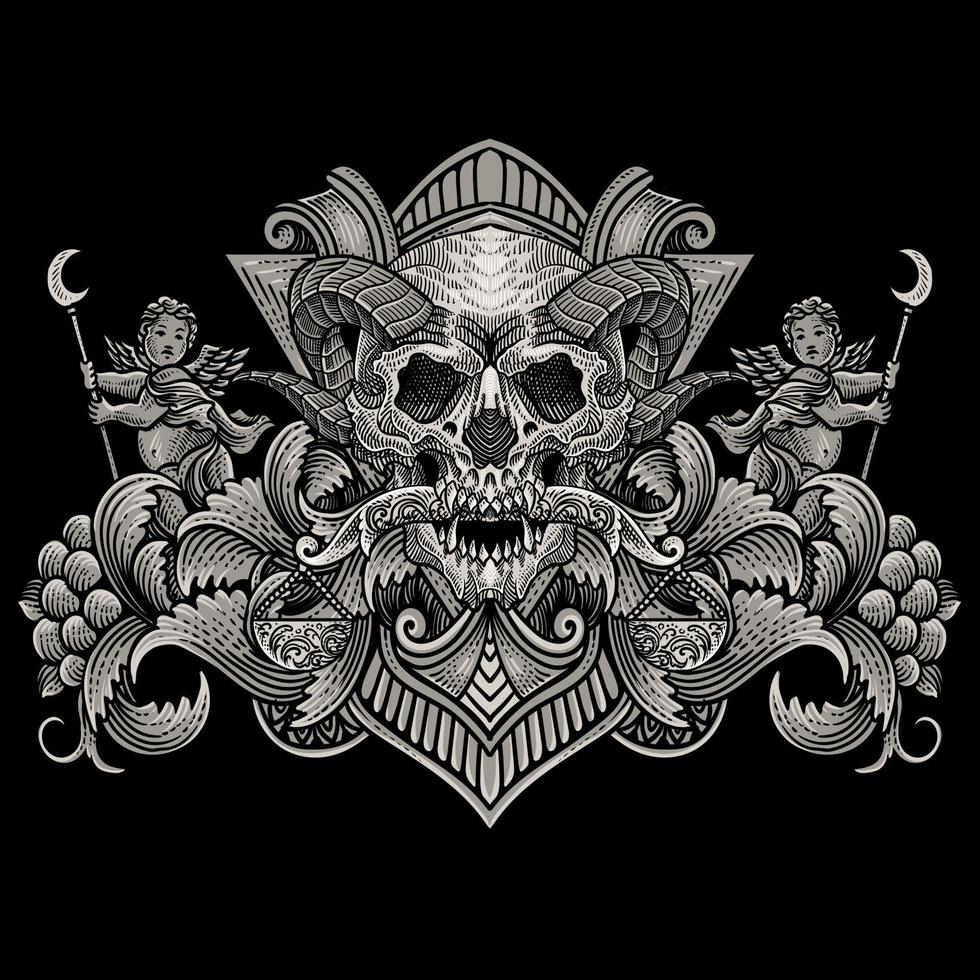 illustration Demon Skeleton bit the scales with vintage engraving ornament perfect for your business and merchandise vector