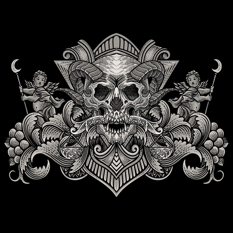 illustration Demon Skeleton bit the scales with vintage engraving ornament perfect for your business and merchandise vector