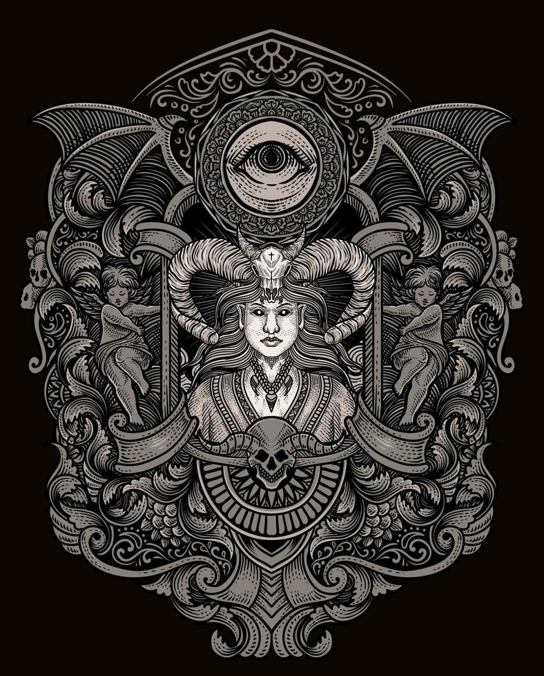Vector illustration. beautiful demon girl with vintage engraving ornament style perfect for your business and  T shirt merchandise