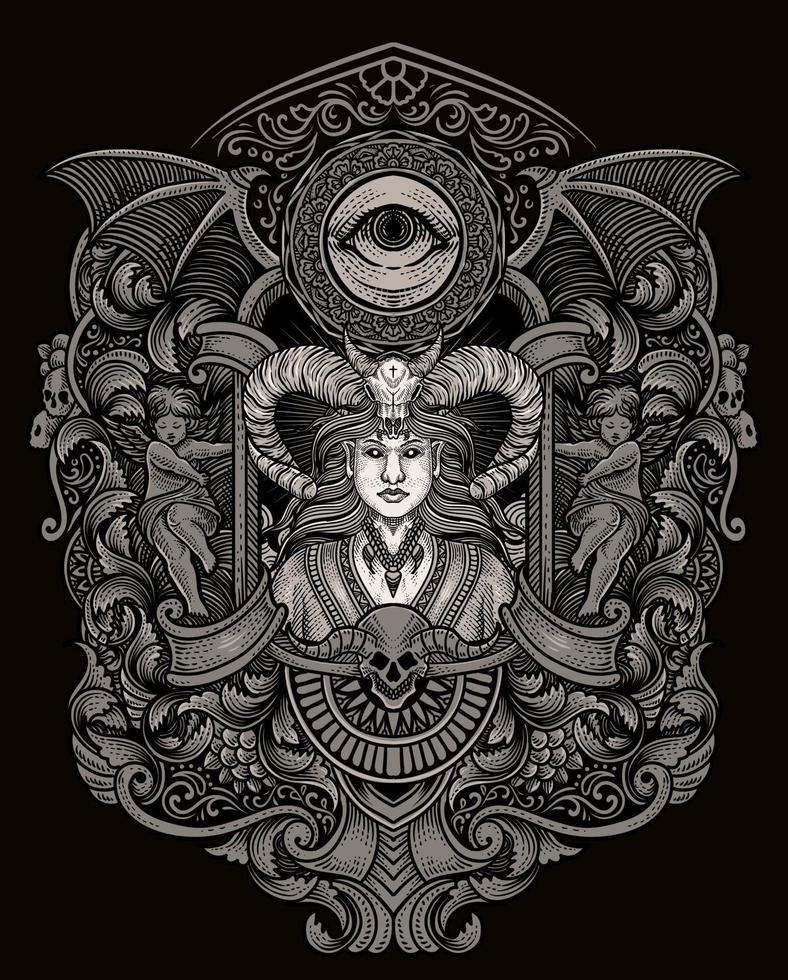 Vector illustration. beautiful demon girl with vintage engraving ornament style perfect for your business and  T shirt merchandise