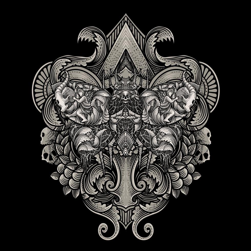 Illustration of scary butterfly with vintage engraving ornament in back perfect for your business and Merchandise vector
