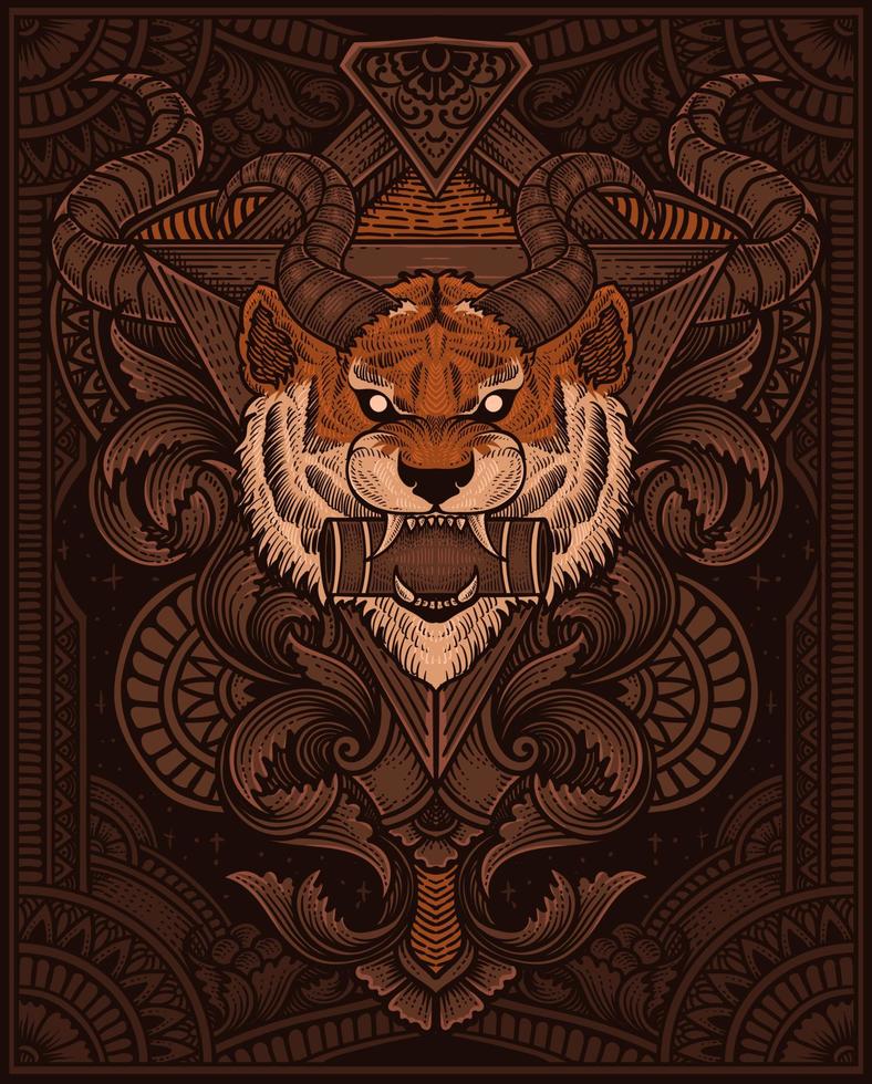 demon tiger head with antique engraving ornament style good for your merchandise dan T shirt vector