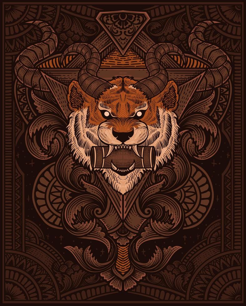 demonio Tigre cabeza con antiguo grabado ornamento estilo bueno para tu mercancías dan t camisa vector