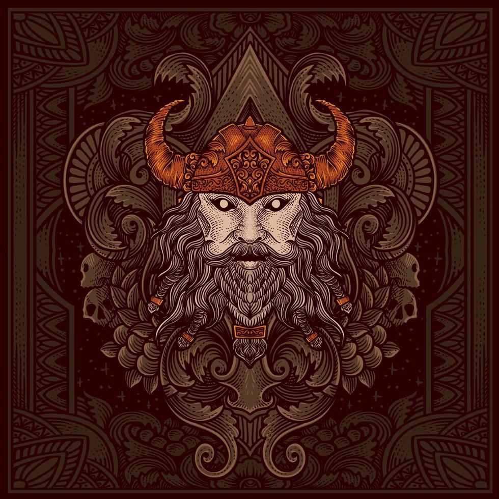 Illustration of viking head with vintage engraving ornament in back perfect for your business and Merchandise vector