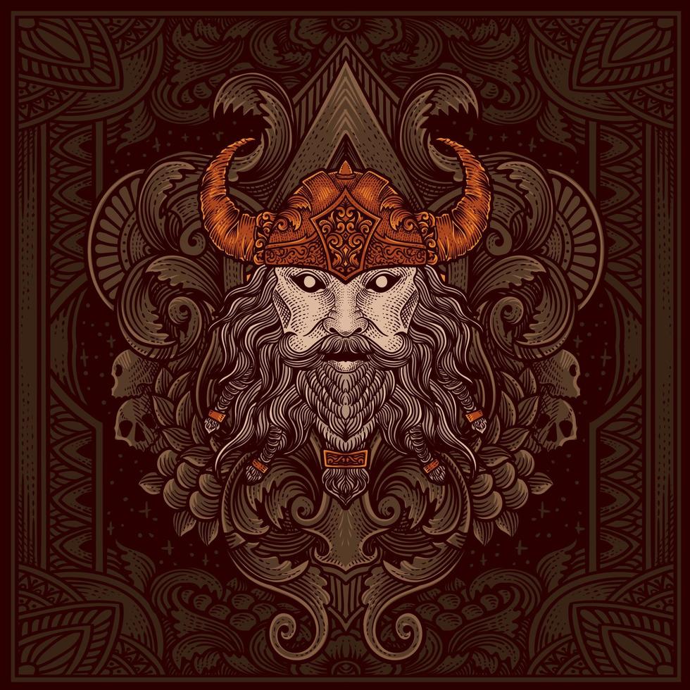 ilustración de vikingo cabeza con Clásico grabado ornamento en espalda Perfecto para tu negocio y mercancías vector