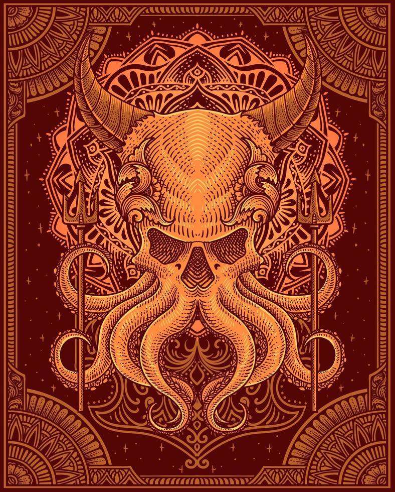 illustration demon octopus with two trident antique engraving ornament style good for your merchandise dan T shirt vector