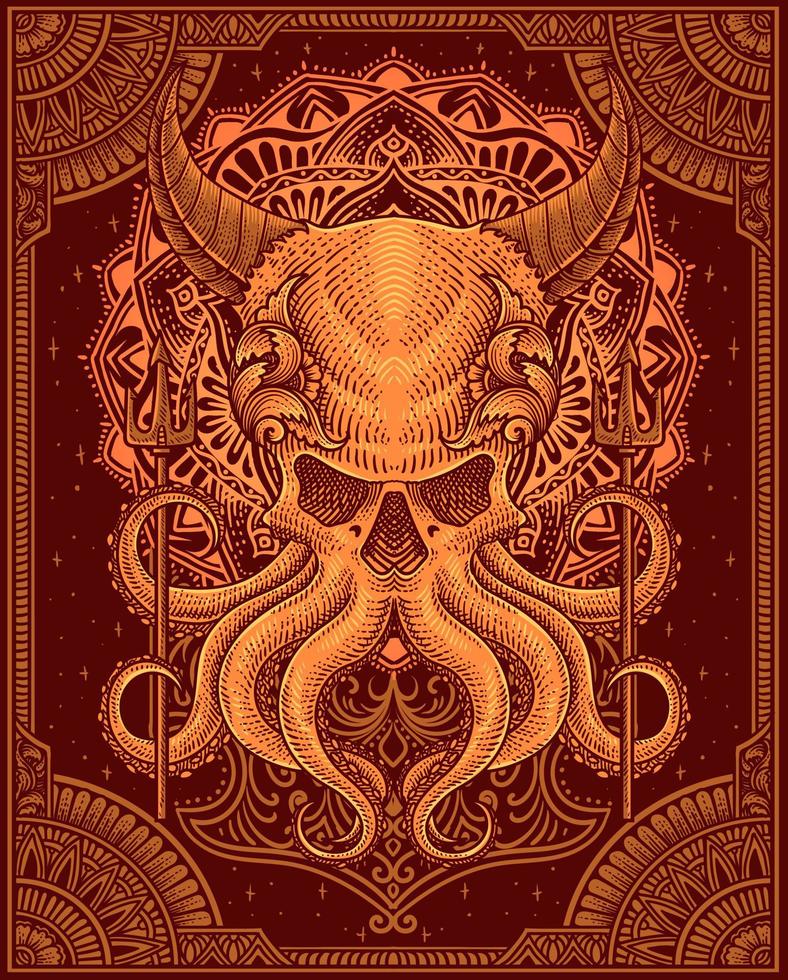 illustration demon octopus with two trident antique engraving ornament style good for your merchandise dan T shirt vector