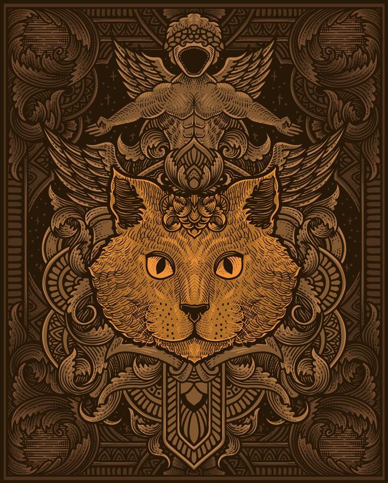 Illustration vector antique cat head with vintage engraving ornament in back perfect for your merchandise and T shirt
