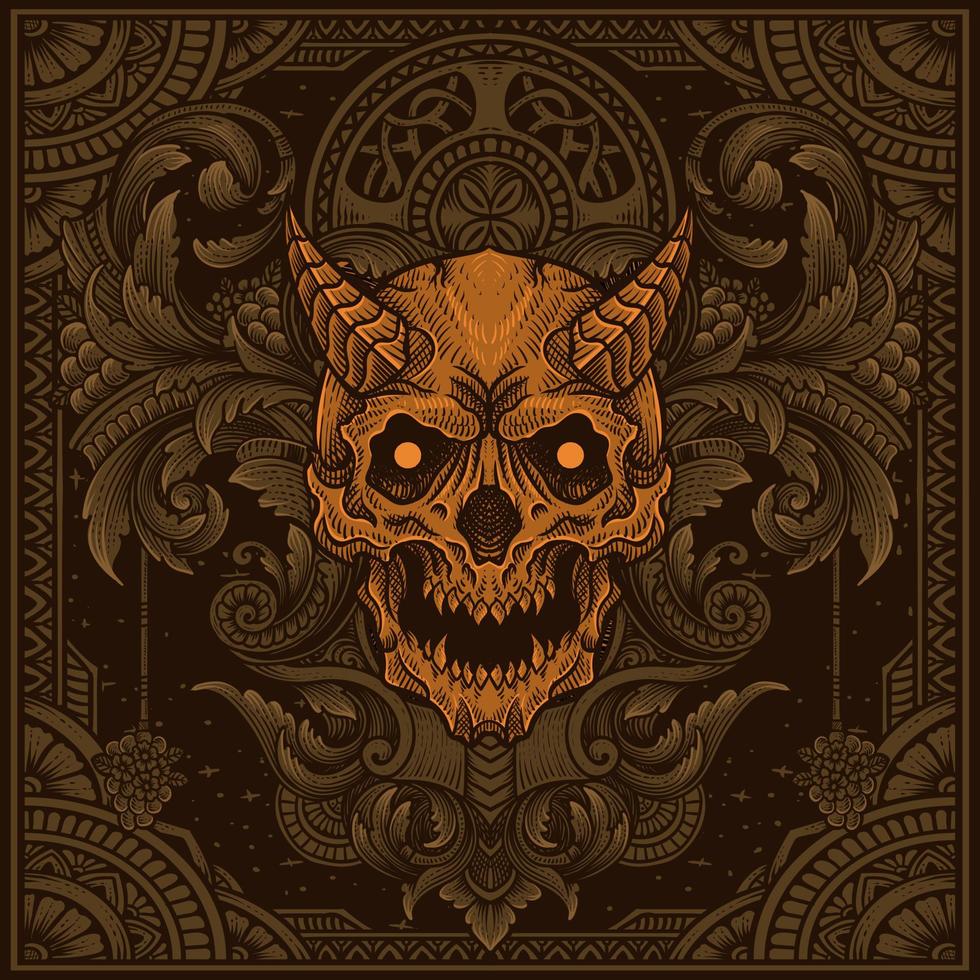 ilustración de demonio cráneo cabeza con Clásico grabado ornamento en espalda Perfecto para tu negocio y mercancías vector