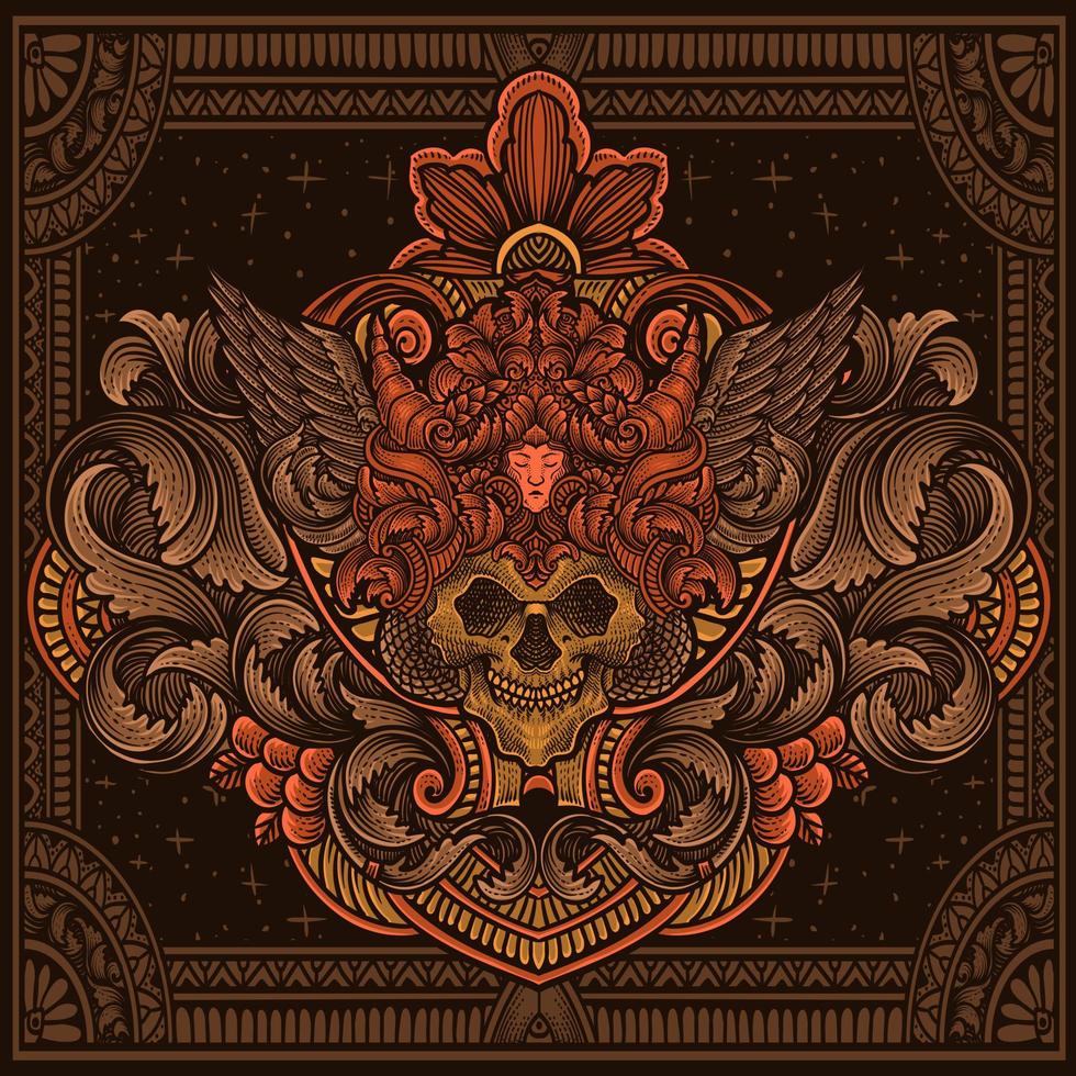 ilustración de cráneo cabeza con antiguo corona Clásico grabado ornamento en espalda Perfecto para tu negocio y mercancías vector