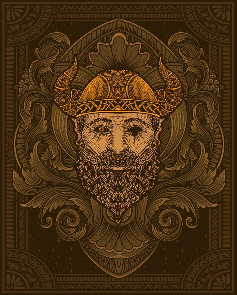 ilustración de vikingo cabeza con Clásico grabado ornamento en espalda Perfecto para tu negocio y mercancías vector