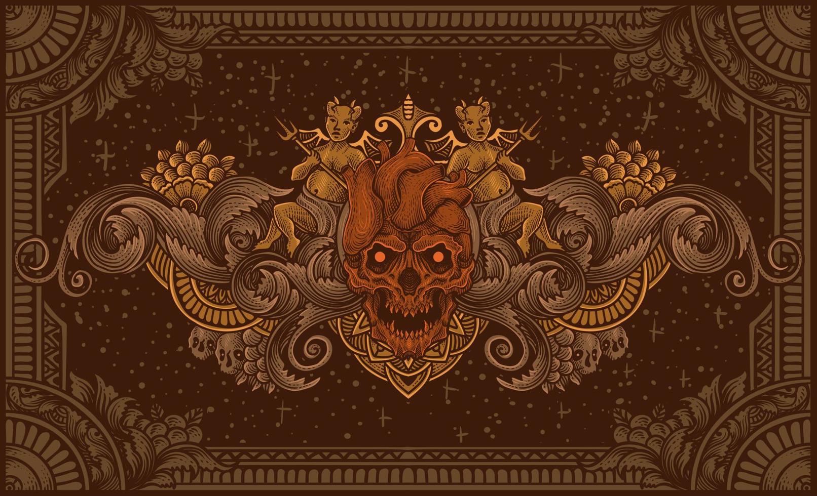 Illustration of heart skull with vintage engraving ornament in back perfect for your business and Merchandise vector