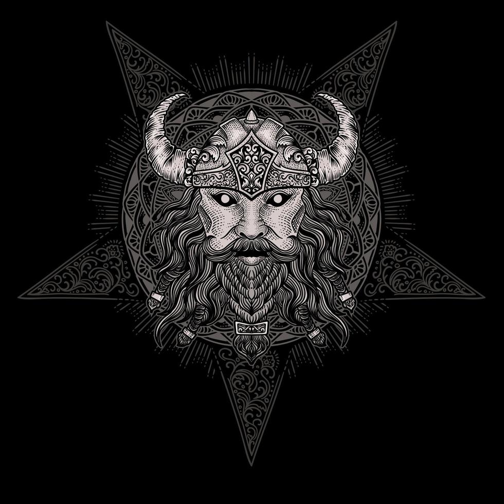 Illustration of viking head with vintage engraving ornament in back perfect for your business and Merchandise vector