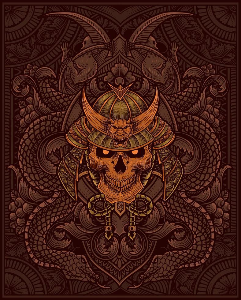 Vector illustration. scary samurai head skull with vintage engraving ornament style perfect for your business and T shirt merchandise