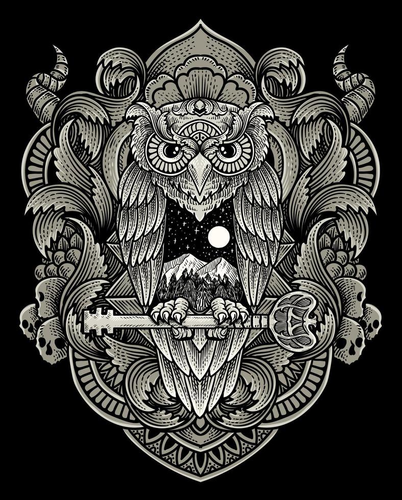 Illustration vector owl bird with vintage engraving ornament in back perfect for your merchandise and T shirt