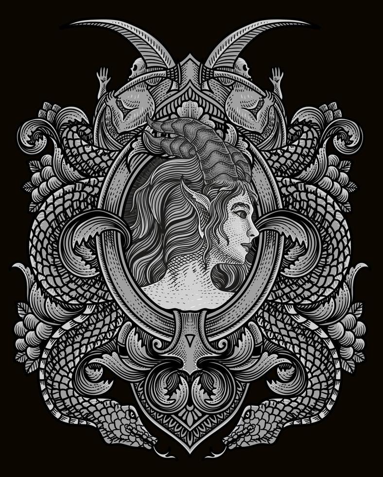 Vector illustration. beautiful demon girl with vintage engraving ornament style perfect for your business and  T shirt merchandise