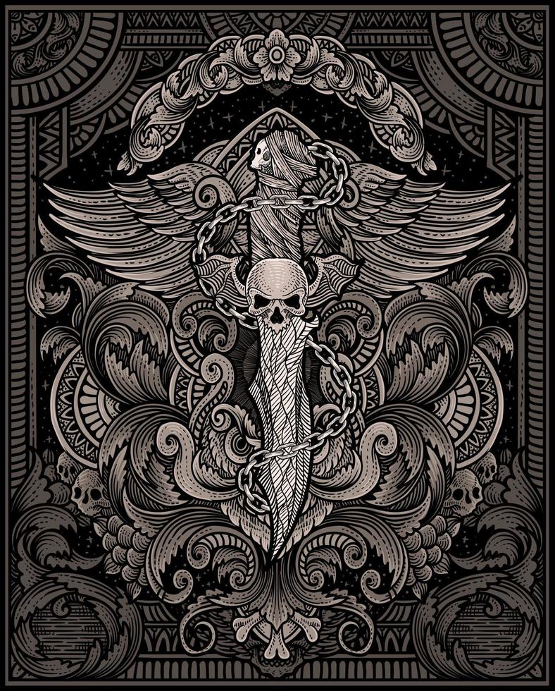 ilustración demonio cuchillo con Clásico grabado ornamento en el espalda Perfecto para tu negocio y mercancías vector