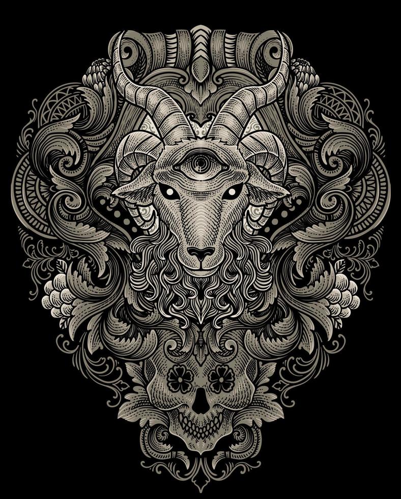 Goat head tree eyes with antique engraving ornament style good for your merchandise dan T shirt vector